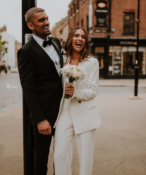 Intimate Sheffield registry office wedding with bridal suit, tuxedo and gypsophila flower crown 