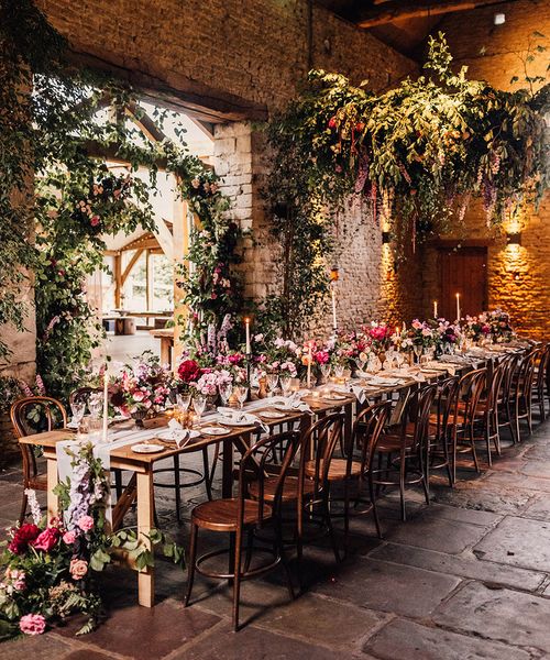 Cripps Barn wedding venue with botanical wedding tablescape