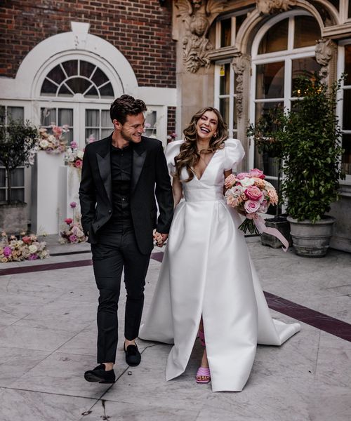 Stylish Mayfair wedding inspiration with Love In Lace Bridal gown with pockets and peeled back blush roses