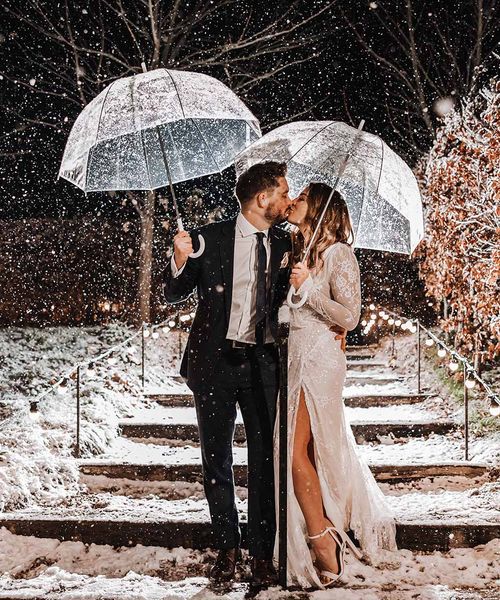 Stone Barn winter wedding in November with snowy setting.