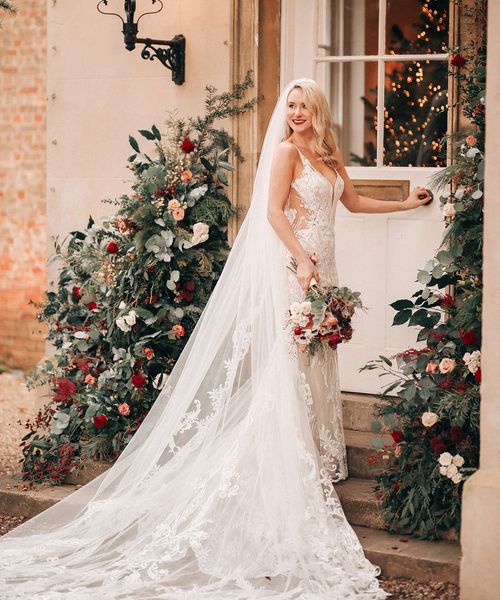 Aswarby Rectory winter wedding with bride in embellished lace wedding dress