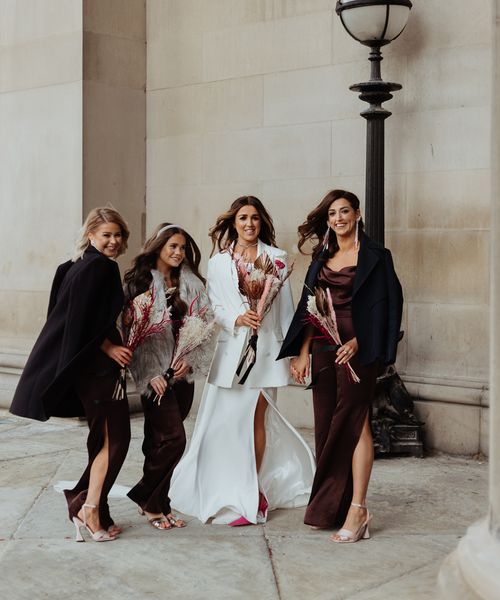 December Wedding with Brown Bridesmaid Dresses Dried Bouquets