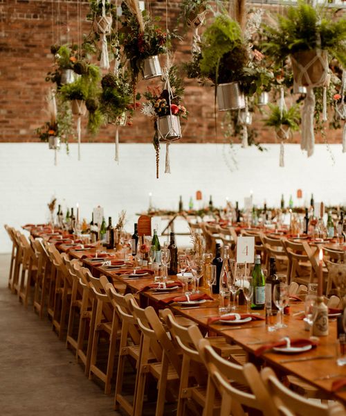 DIY macrame hanging plant decor for boho wedding in industrial warehouse venue in Sheffield 