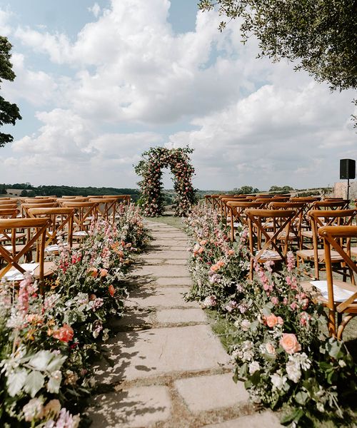 wedding aisle decor for outdoor wedding at Botley Hill Barn.