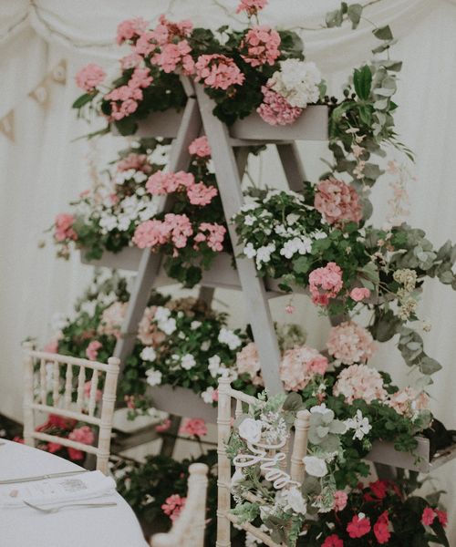 Intimate back garden wedding with white and pink flowers, decor and details