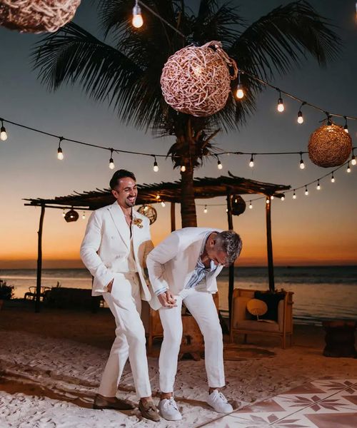 grooms in white summer wedding suits LuxArt Wedding Studio