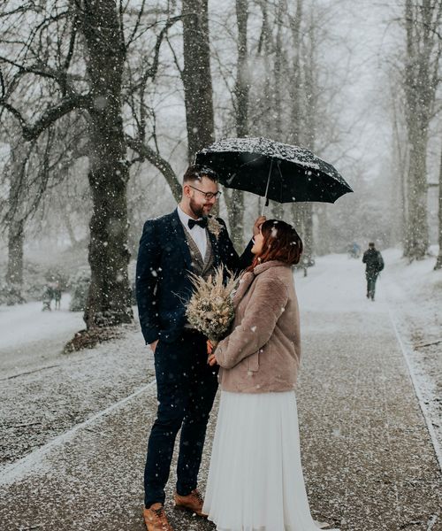 bride-and-groom-under-umbrella-at-snowy-winter-wedding