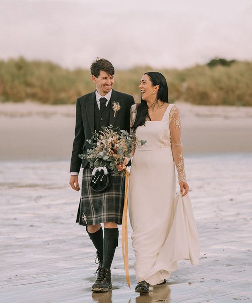 intimate beach scottish highlands wedding with bespoke wedding dress