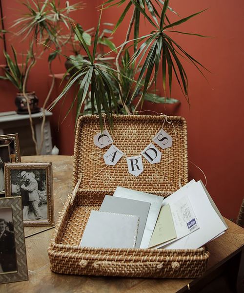 Wedding cards box at traditional country house wedding with cards from guests with gifts