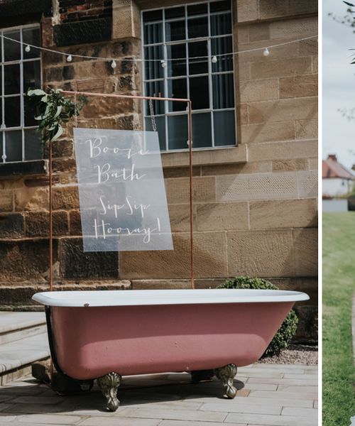 Pink Roll Top Booze Bath and Copper & Perspex Wedding Decor at Industrial Venue The West Mill | Customised Leather Jacket | Rosie Kelly Photography