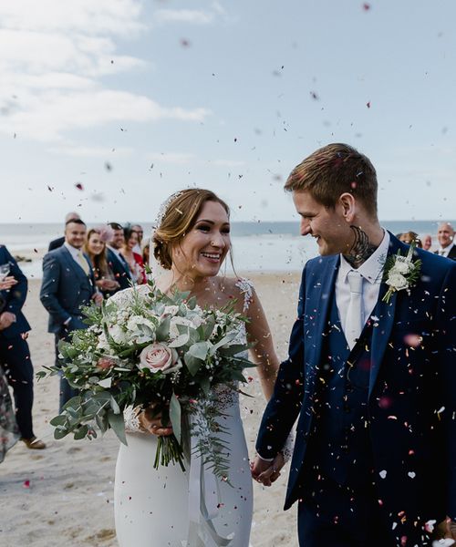 Lusty Glaze Beach Wedding Newquay Cornwall | Lace Long Sleeve Martina Liana Wedding Dress | Blue Jarlo London Bridesmaid Dresses | Alexa Poppe Photography