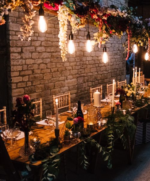 Edison Bulb Floral Installation at Kingsthorpe Lodge Barn | Sassi Holford Bridal Gown | Dessy Bridesmaids Dresses | Johnny Dent Photography