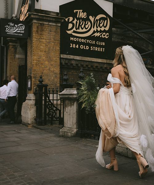 Bike Shed Motorcycle Club Wedding for ELLE Digital Editor | Bespoke Bridal Dress | Paul Smith Suit | Drag Queen | Nigel John Photography