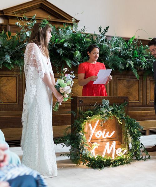 Neon Sign and Marine Green Rewritten Bridesmaids Dresses with Bride in Lace Cape Grace Loves Lace Verdelle Gown, shot by Alain Mbouche