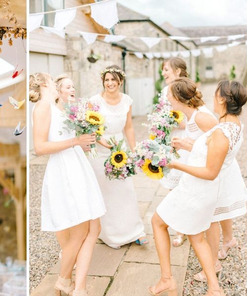 Colourful Paper Cranes & Sunflower Wedding Décor in Rustic Barn | Chiffon Polka Dot Dress by Kate Halfpenny | Doxford Barns | Sarah-Jane Ethan Photography