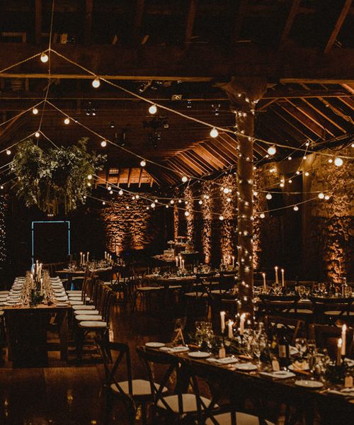 Festoon Light Canopy and Indoor Trees for Humanist Wedding in St Andrews, with Bride in Anne Priscilla Bridal and Groom in Kilt, by Carla Blain Photography