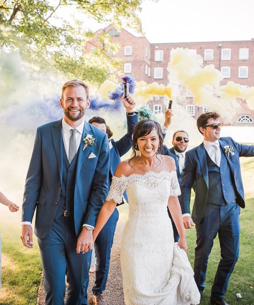 Smoke Bombs and Chinese Paper Fans Backdrop with Bride in Bardot Dress | Watters Wedding Dress | ASOS Bridesmaids Dresses | Twig & Vine Photography