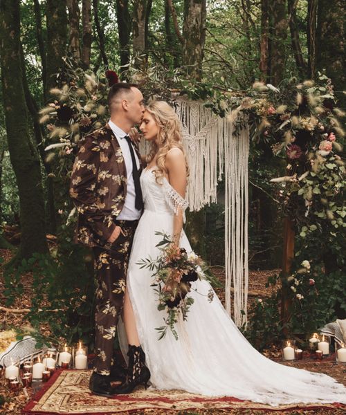 Lace Wedding Boots Leather Jackets and Macrame Decor in the Woods