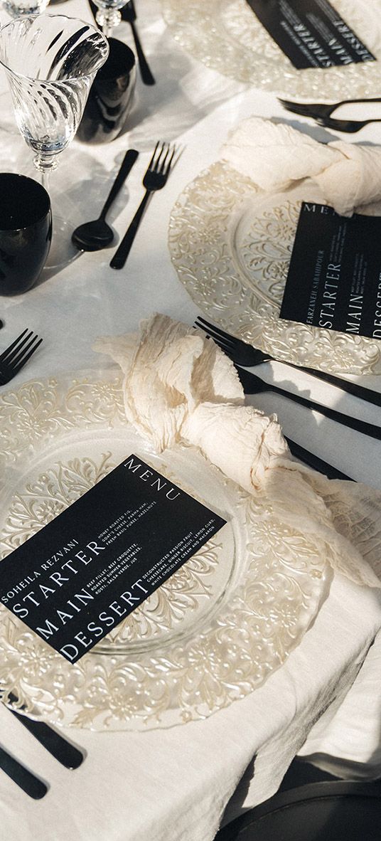 monochrome black and white wedding place setting 