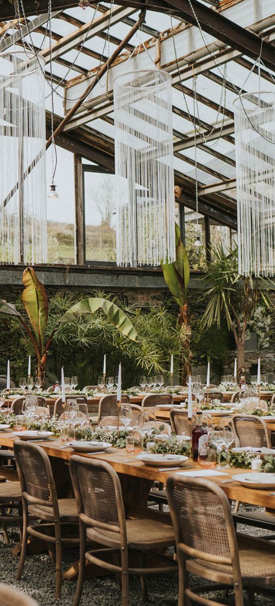 Anran Devon wedding venue decorated with macrame hanging chandeliers