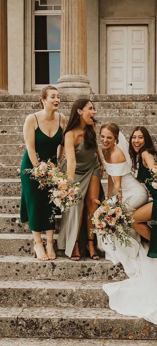 Green bridesmaid dresses inspiration - sage green, forest green, emerald green, light green, mint green and satin