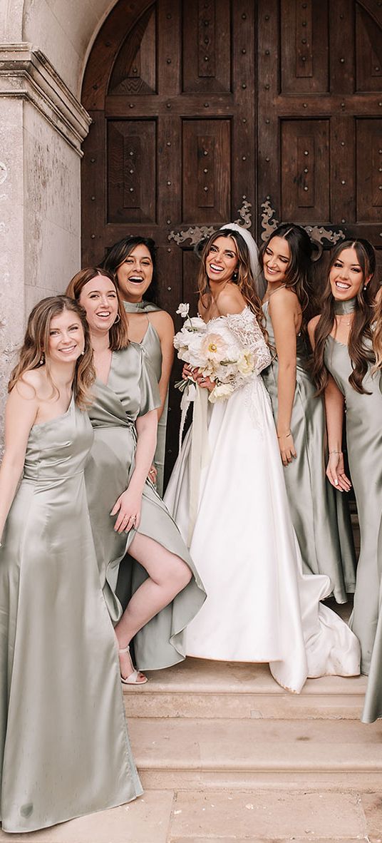 Green mismatched bridesmaid dresses for pastel spring wedding.