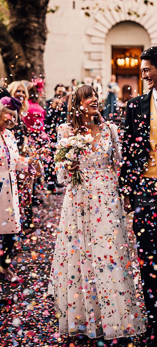 Crypt On The Green wedding with bright confetti exit