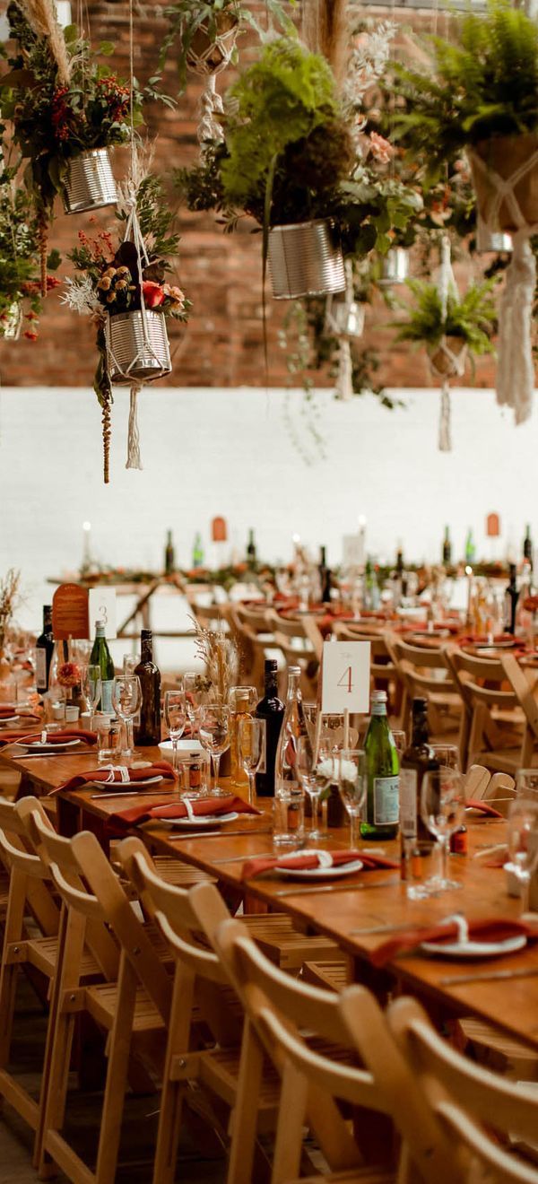 DIY macrame hanging plant decor for boho wedding in industrial warehouse venue in Sheffield 