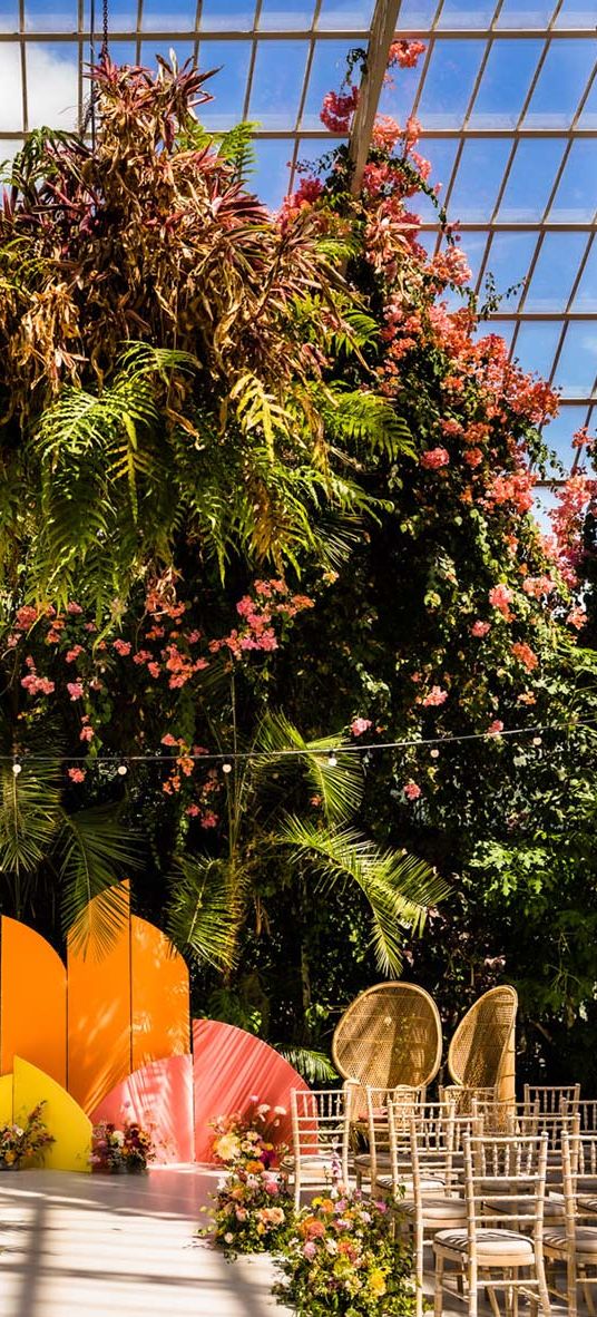 Sefton Park Palm House wedding venue decorated for colourful wedding day.