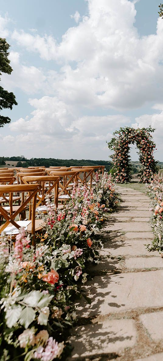 wedding aisle decor for outdoor wedding at Botley Hill Barn.