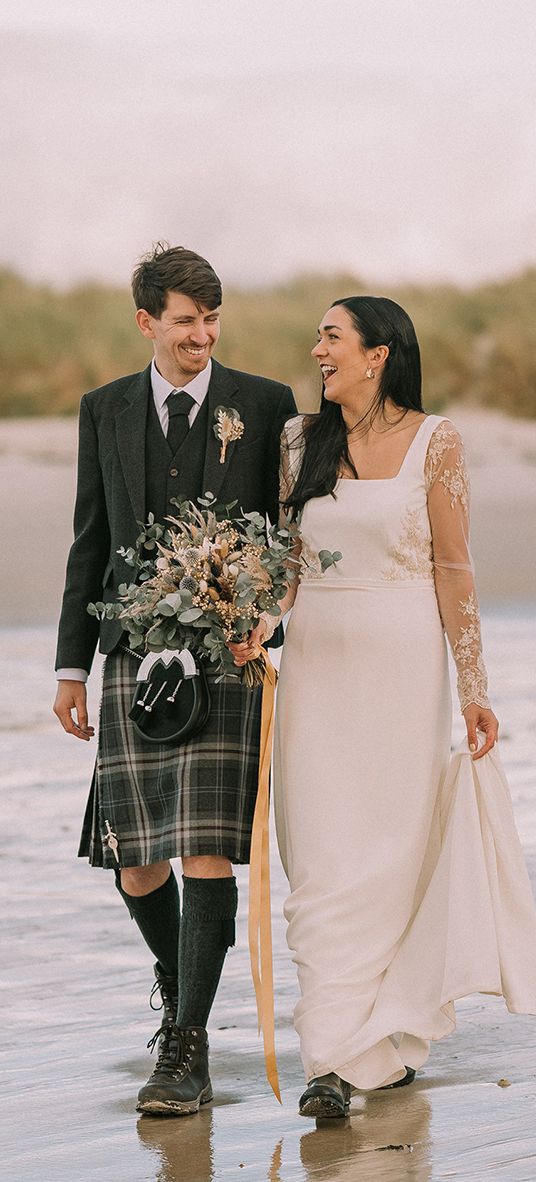 intimate beach scottish highlands wedding with bespoke wedding dress