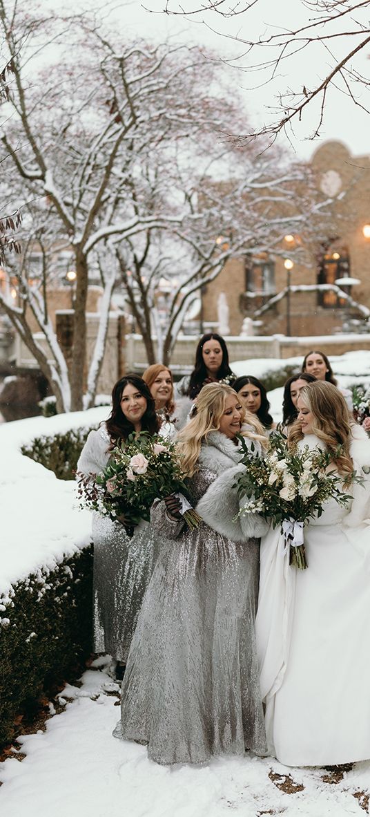 winter-wedding-with-silver-bridesmaid-dresses-and-bride-in-princess-wedding-dress