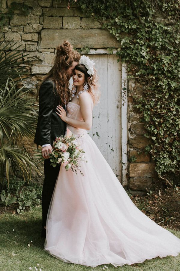 romantic pink strapless wedding dress at Spring Hooton Pagnell wedding inspiration 