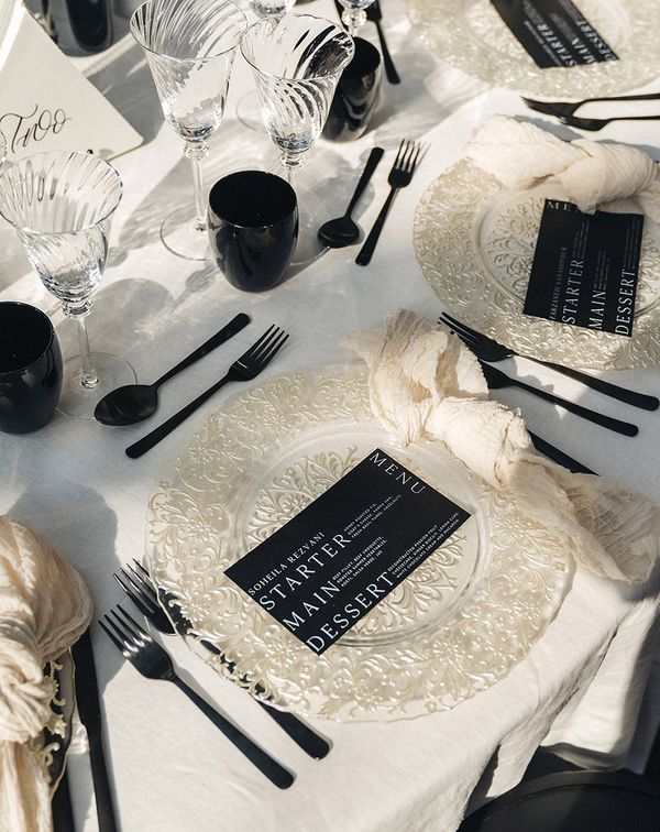 monochrome black and white wedding place setting