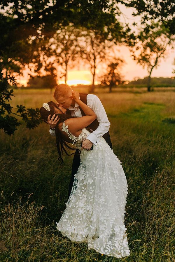 Reymerston Hall wedding with golden hour photos of bride and groom
