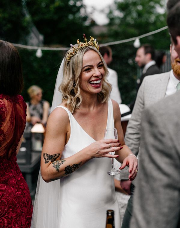 bride wearing a gold bridal crown