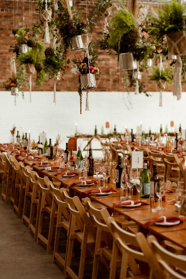 DIY macrame hanging plant decor for boho wedding in industrial warehouse venue in Sheffield 