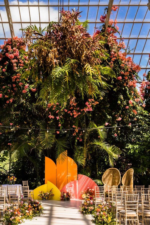 Sefton Park Palm House wedding venue decorated for colourful wedding day.
