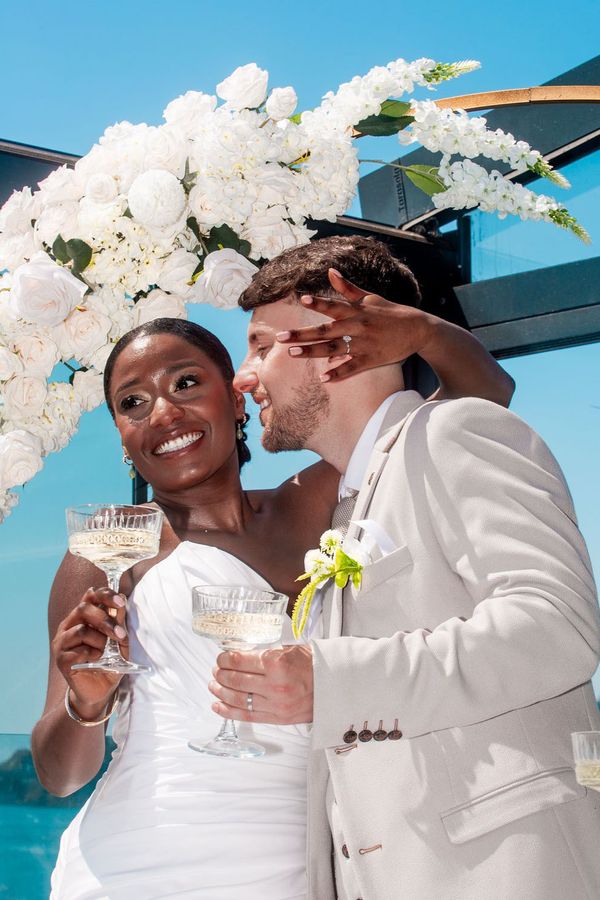 Bride and groom for coastal wedding by the sea