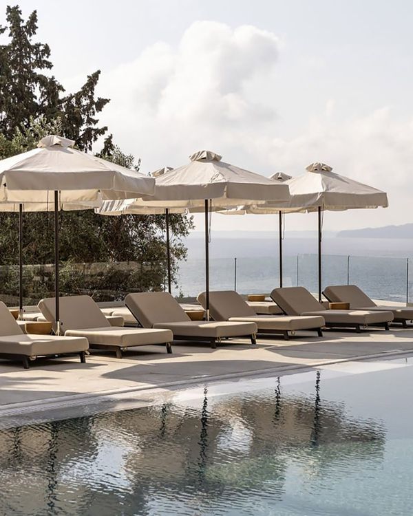 Valmar Corfu main outdoor pool with sun loungers and sea view