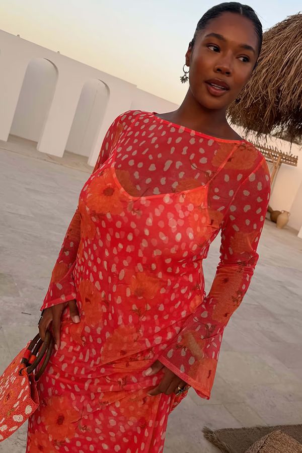 Never Fully Dressed coral print sheer mesh destination wedding guest dress