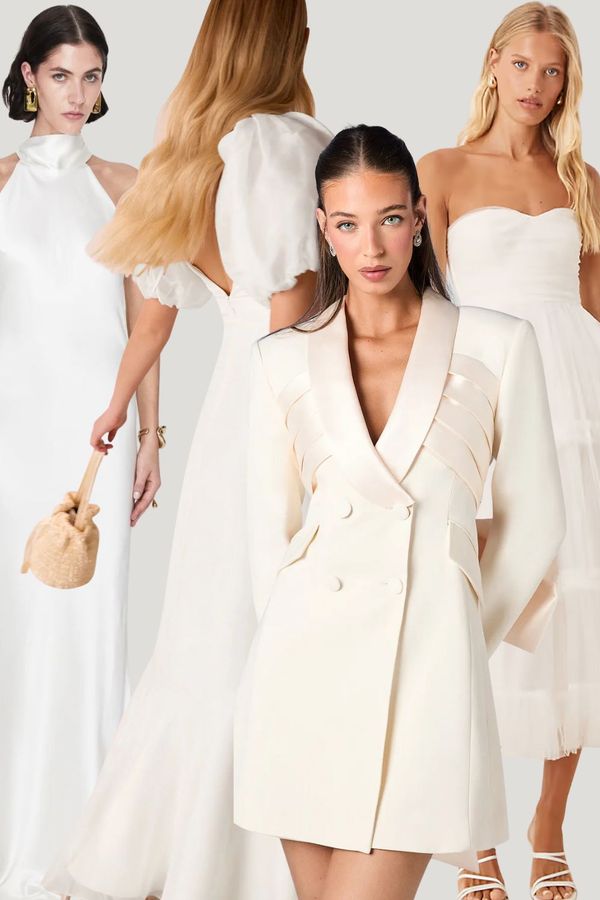 Collage of the best registry office wedding dresses for civil ceremonies and town halls