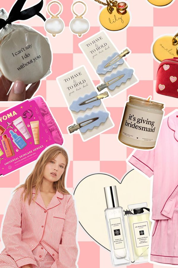 Collage of bridesmaid gift ideas including jewellery, beauty sets, personalised items and wedding-morning gifts.