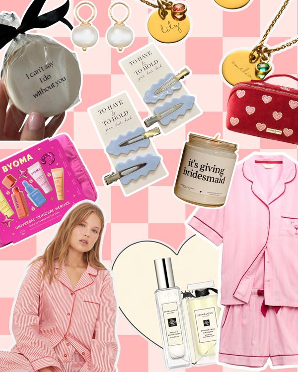 Collage of bridesmaid gift ideas including jewellery, beauty sets, personalised items and wedding morning gifts.