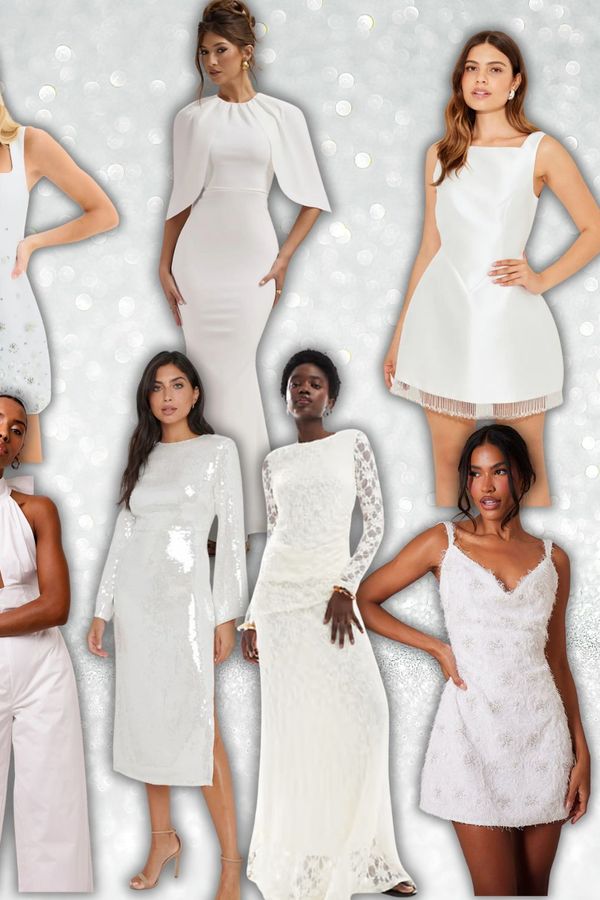 Bride wearing short winter wedding dress with feathers