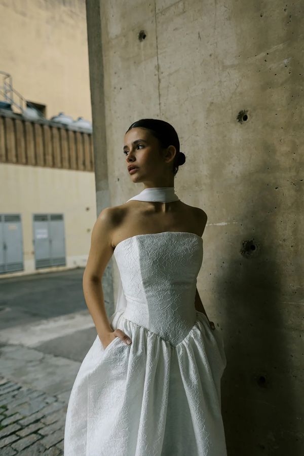 Rolling In Roses designer sustainable wedding dress with drop waist and scarf