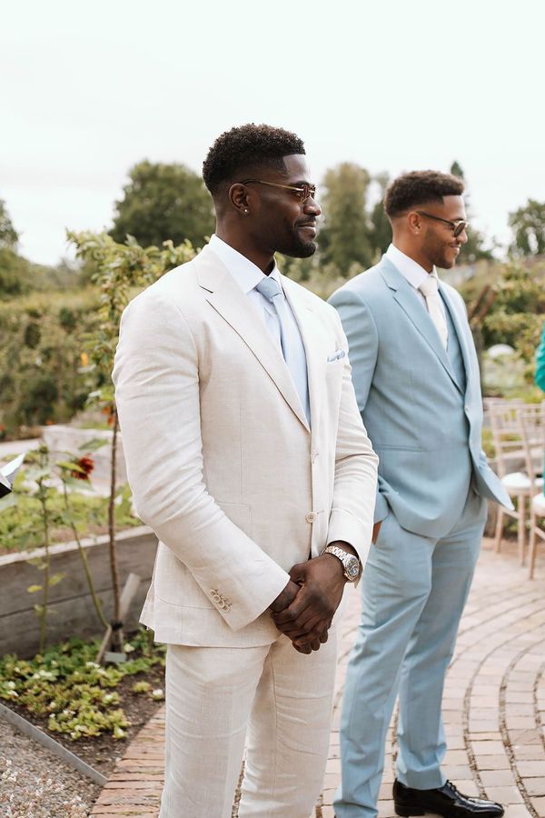 Light blue best man wedding suit and white groom suit