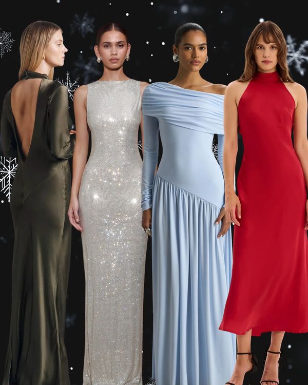 Winter bridesmaid dresses collage featuring jewel tones, satin, long sleeves, and festive metallics.