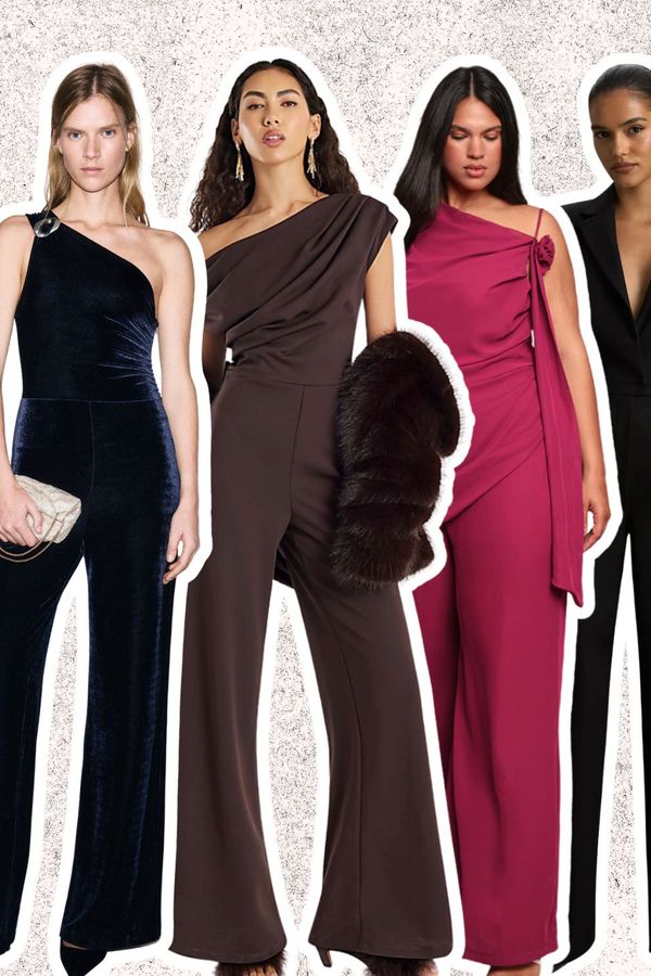 Collage of the best wedding guest jumpsuits, including wide-leg, petite and plus-size styles.