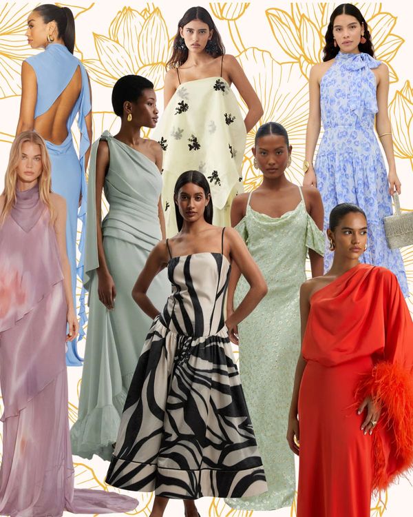 Collage edit of the best spring wedding guest dresses to shop